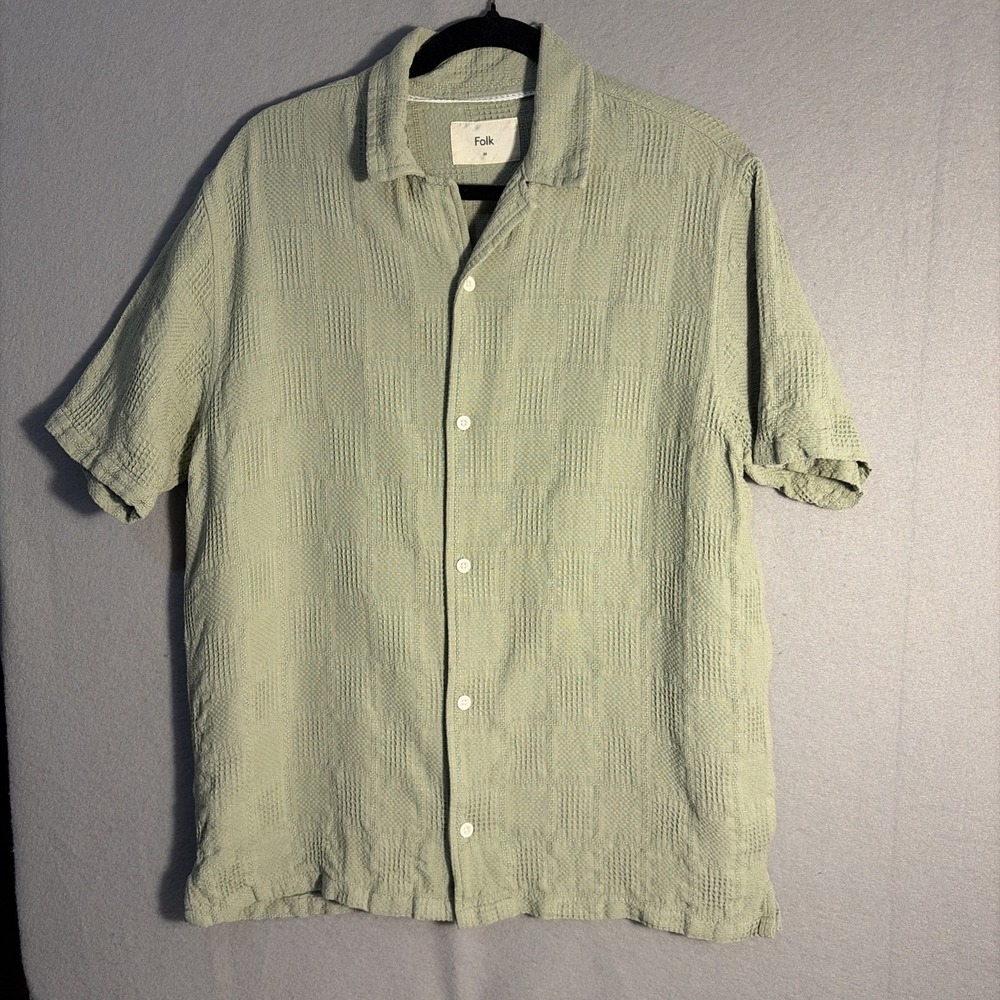 Mens FOLK Waffle Textured Sage Green Cotton Short Sleeve Button Shirt Size M